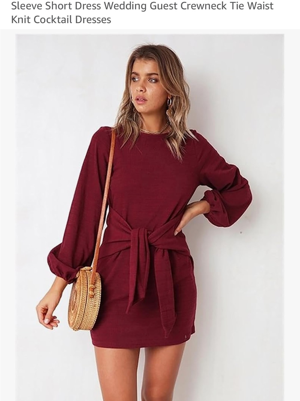 Tie-Waist Crewneck Knit Dress — Burgundy